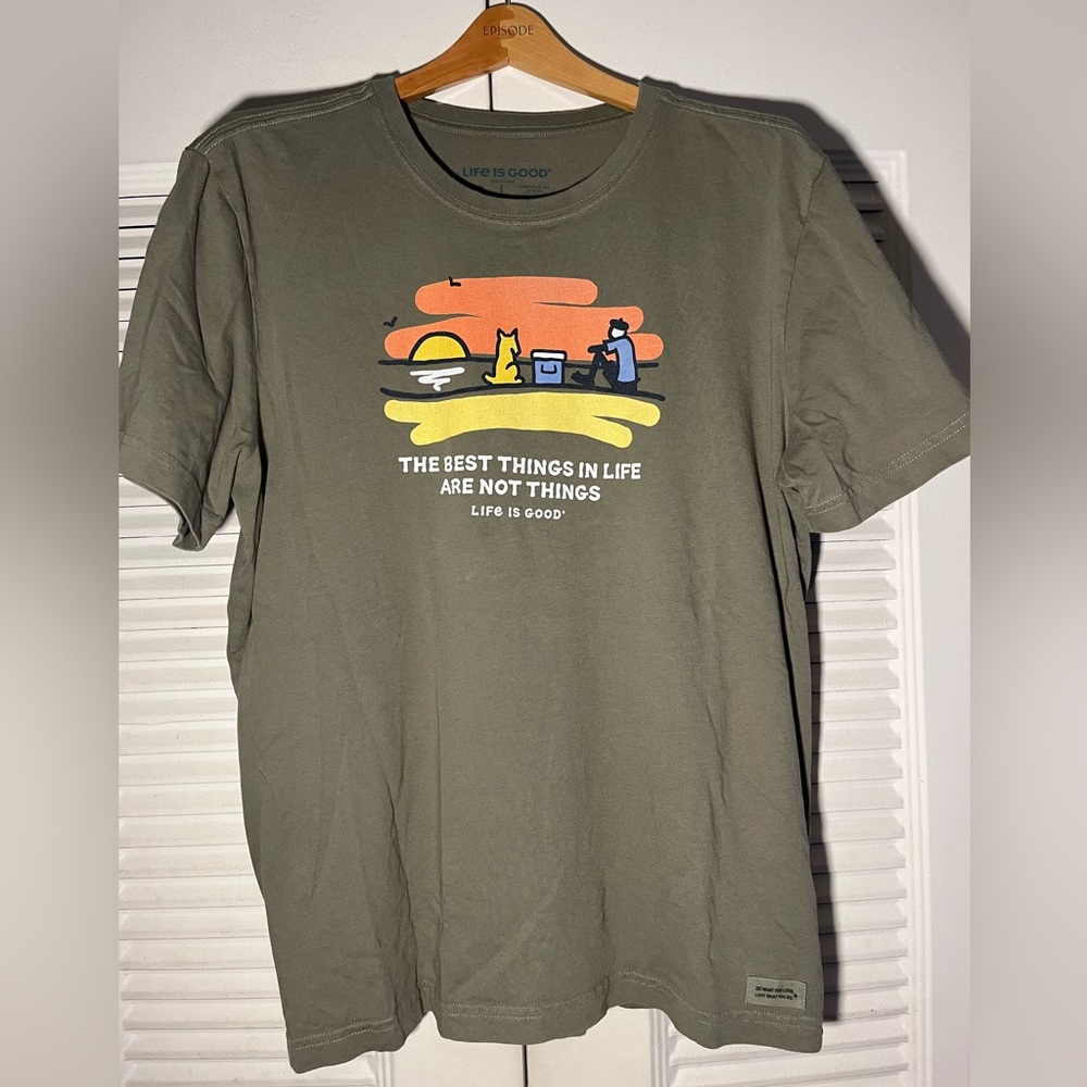 Life Is Good Olive Green Short Sleeve Tee with Sunset Graphic